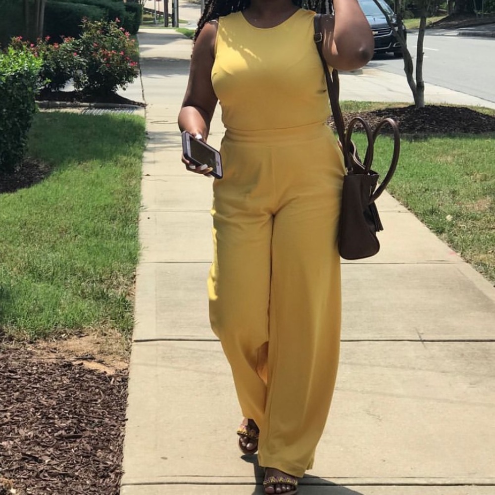 New York and Company yellow jumpsuit, size small